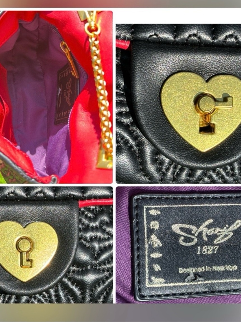 Sharif Black Quilted Heart Lock Chain Crossbody Bag with box - Picture 5 of 13